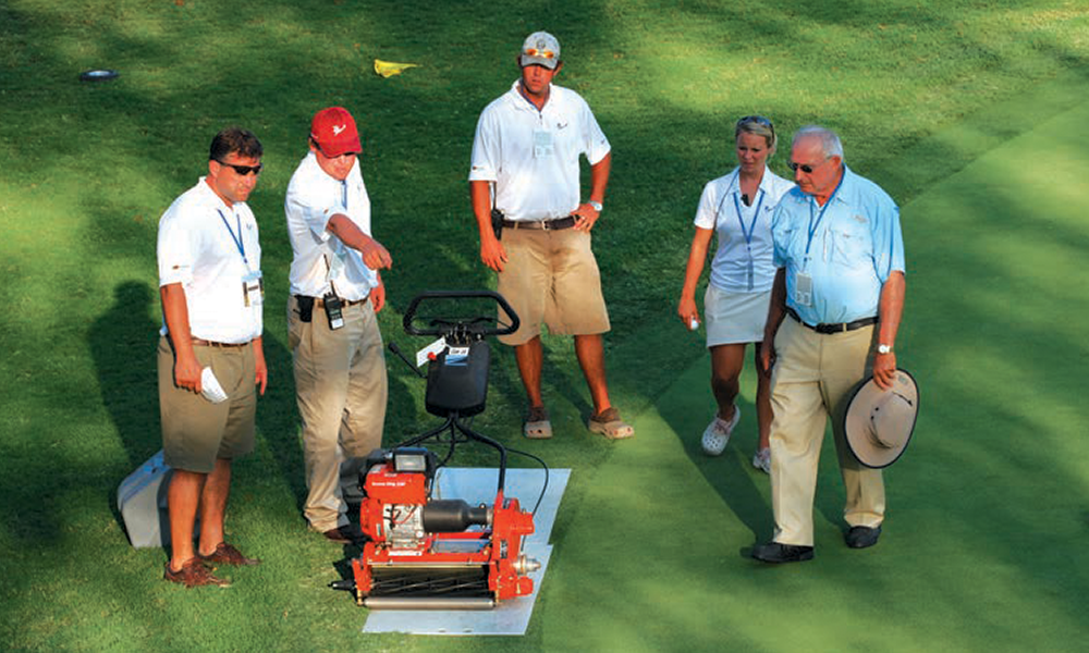 from left to right…….Tom Gosselin (Superintendent at Overbrook), Jeremy Dobson (Assistant at Southern Hills), Carson Silk (Apprentice at Southern Hills, now Assistant at Oak Tree), Michaela Cavener (Office Assistant/Stimpmeter readings Southern Hills and #1 golfer on U of Tulsa womens golf team), Paul R. Latshaw (Golf Course Consultant for Southern Hills CC)