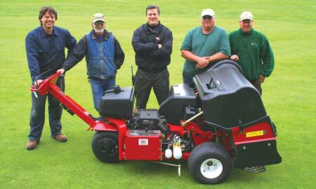 Segregansett Country ClubJon Astle, Ed MacNeil, Rich Gagnon, Ken Dupree, and Tate Asselin stand next to the Toro Procore 648 aerifier