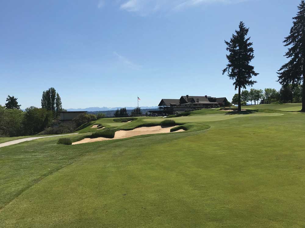 View from No. 8 of Green, 9th Green, Clubhouse & Cascades (Photo by Jeff Shelley)