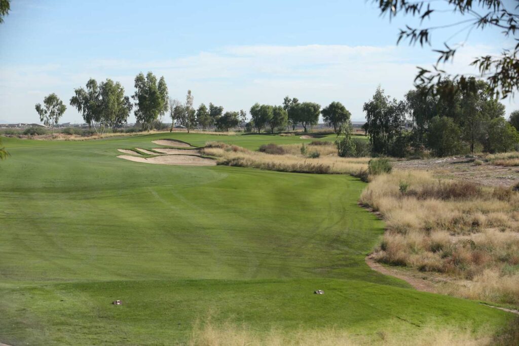 Renovated fairway bunkers as seen from the tee box on the fifth hole at Ak-Chin Southern Dunes Golf Club in Maricopa, Arizona.