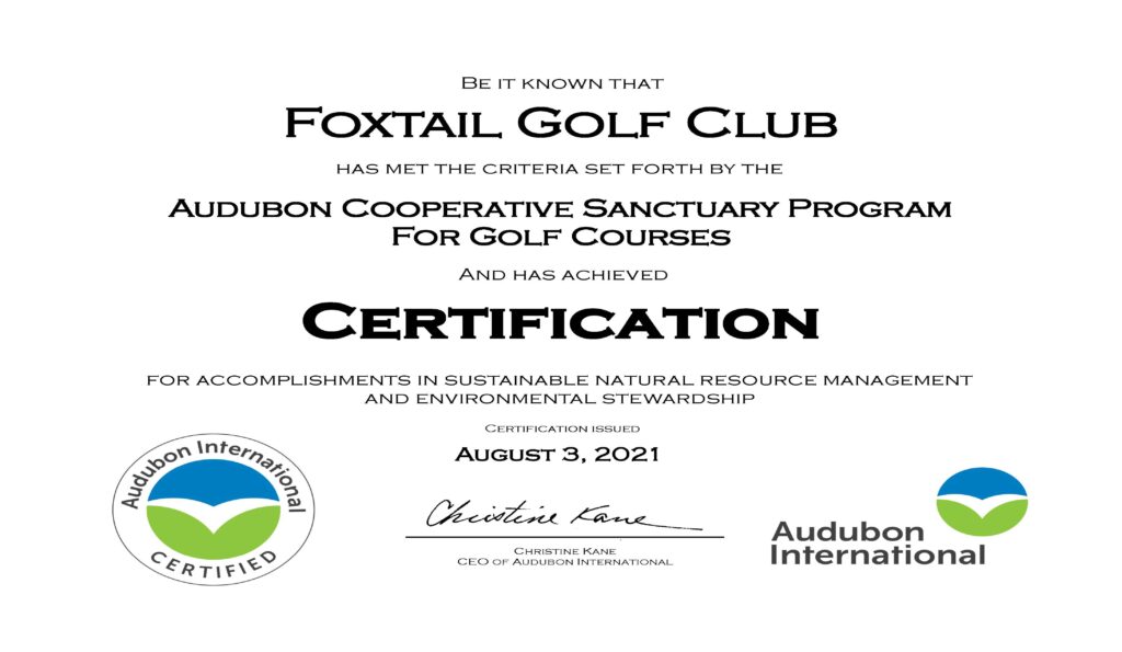 Foxtail Golf Club Audubon Cooperative Sanctuary Program Certificate