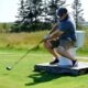 Teeing off while sitting on a toilet bowl was just one of the challenges awaiting golfers at the River Hills Golf and Country Club in Clyde River during the first-ever Superintendent Revenge Scramble on Sept. 22. - Kathy Johnson