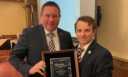 Michael Holyk (left) accepts 2021 GPOTY from Chapter President Alex Witt (Credit Colin Tucker.DesertChapterPGA)