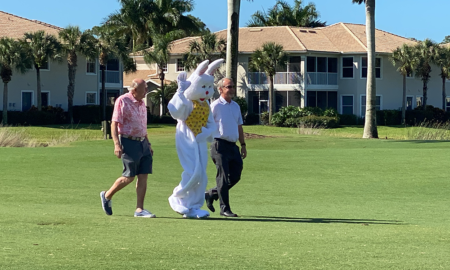 The Easter Bunny was led from the chopper to the waiting crowds at Naples Lakes Country Club by General Manager Bryan Roe and Jay Whalen, a longtime resident of the community and former Board Member. In previous years, Jay had served as the Easter Bunny. The helicopter landed on the 18th fairway of Naples Lakes, Collier County’s only Arnold Palmer Signature Golf Course.