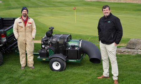 Steve Kuretsky (left) is all smiles as he accepts a new Turfco Torrent 2 Debris Blower from Scott Kinkead, executive vice president, Turfco Manufacturing. Kuretsky accepted the blower on behalf of Cantigny Golf Club, where he is employed as Director of Agronomy, as grand-prize winner of Turfco’s 2022 Golf Giveaway.