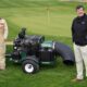 Steve Kuretsky (left) is all smiles as he accepts a new Turfco Torrent 2 Debris Blower from Scott Kinkead, executive vice president, Turfco Manufacturing. Kuretsky accepted the blower on behalf of Cantigny Golf Club, where he is employed as Director of Agronomy, as grand-prize winner of Turfco’s 2022 Golf Giveaway.