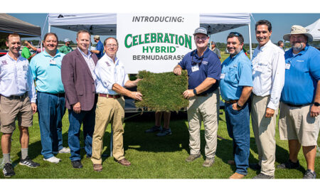 2022 MSU Turfgrass Field Day in Starkville, MS on Sept. 22, 2022 (from left) are Jay McCurdy, associate professor in Plant and Soil Sciences; Jim Mitchell, licensing associate; Scott Willard, director of the Mississippi Agricultural and Forestry Experiment Station; and Wayne Philley, retired research associate and turfgrass breeder; Tobey Wagner, President of Sod Solutions; Roberto Gurgel, Sod Solutions Executive Director of Research; Christian Broucqsault, Sod Solutions Chief Operating Officer; and Mark Kann, Sod Solutions Florida Territory Manager.