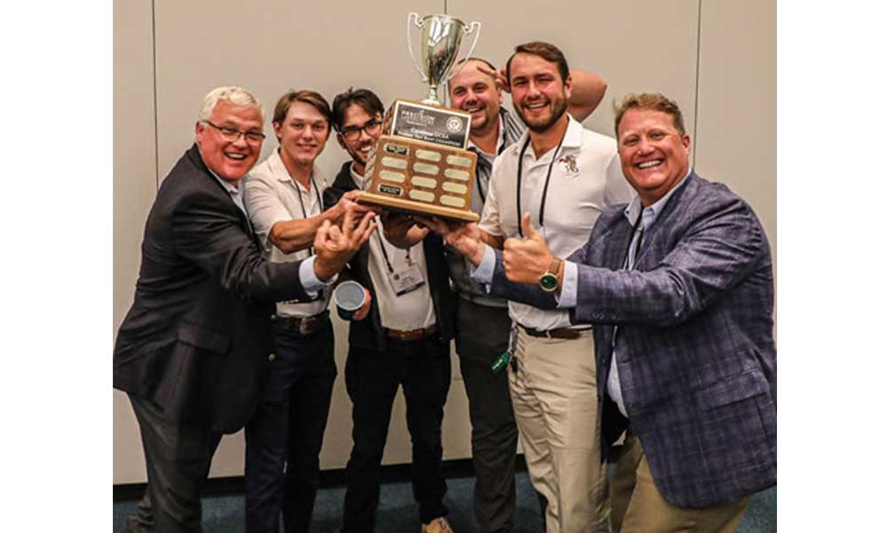 Prof. Charles Granger with Horry-Georgetown's Turf Bowl winners Railey Smith, Andrew Rich, Mike Milburn and John Weeks, and Prof. Ashley Wilkinson