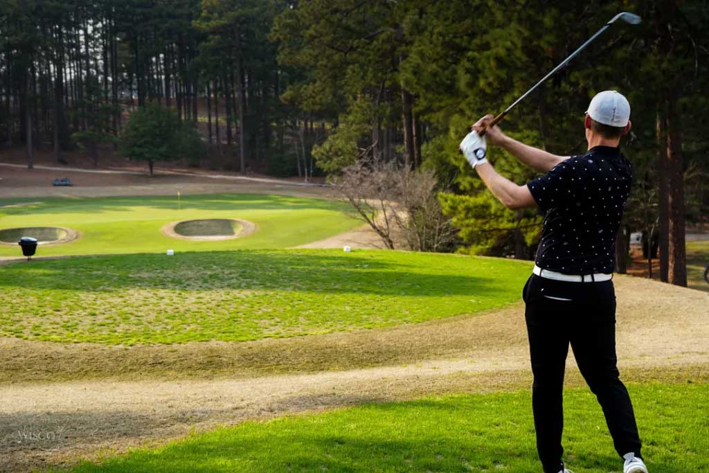 An elevated tee shot looks down at the 5th hole.