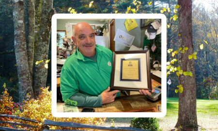 Brian Lautenschlager with the Sustainability Award from NC Golf Course Owners Association in 2022. Photo Credit: Cathy Nell