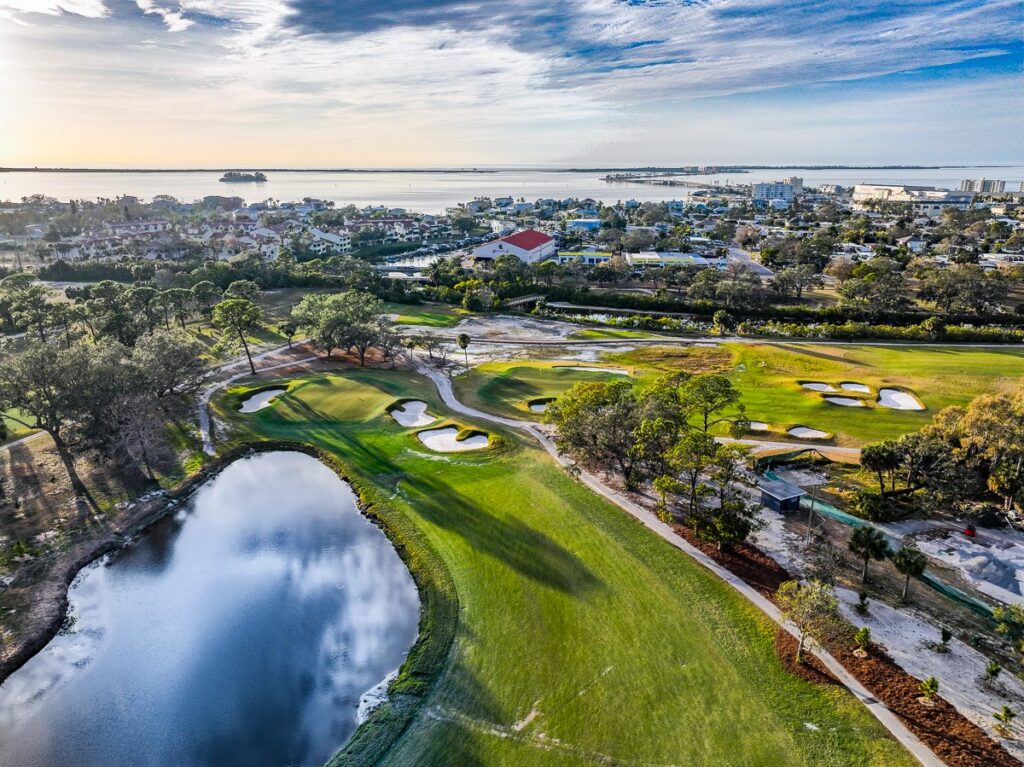 Aerial view of Dunedin's 14th green (left) and 17th green with the Gulf of Mexico in background.