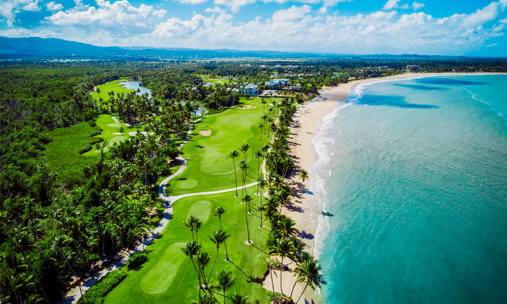 St Regis Bahia Beach Golf Course aerial view of No. 18 and ocean.