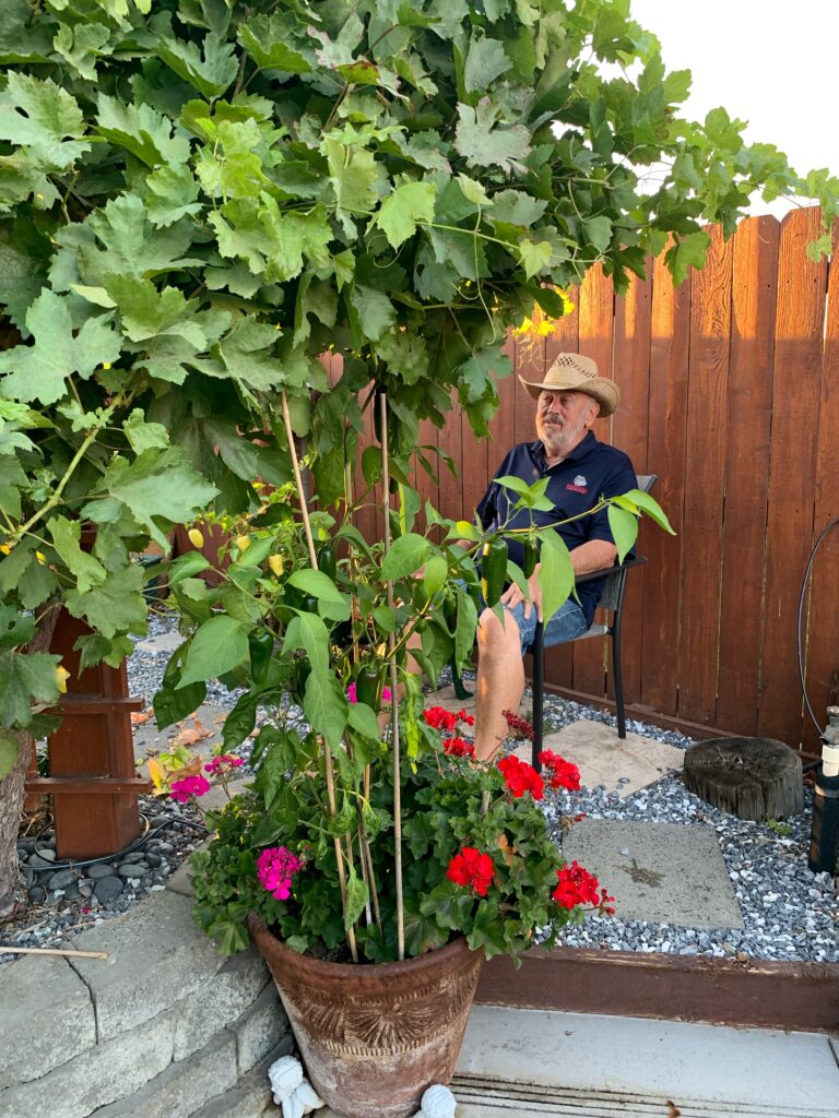 Mike sitting behind his grape arbor