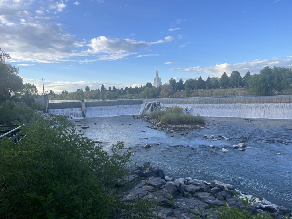 The Idaho Falls with Mormon Temple in Background