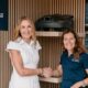 Yvette Henshall-Bell, President, Husqvarna Forest & Garden Division shaking hands with Jackie Davidson, Director - Golf Education at The R&A following the signing of The R&A Women in Golf Charter