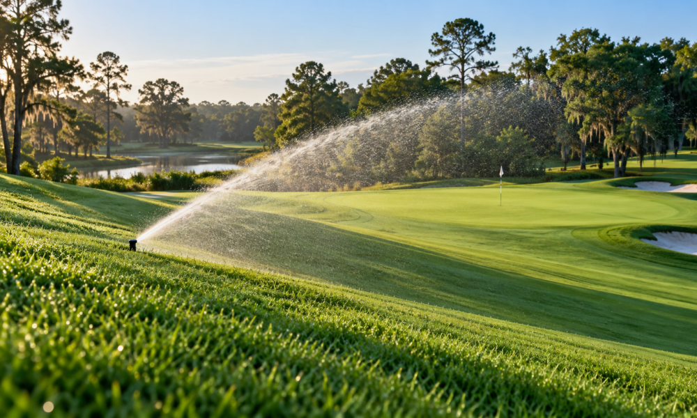 Irrigation watering a sloped golf course near a putting green.